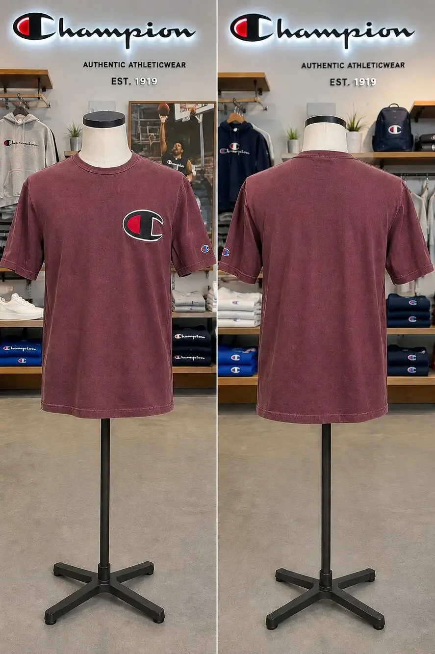 Vintage Champion Big C Logo T-Shirt Large Burgundy Garment Dyed Tee - Picture 1 of 5